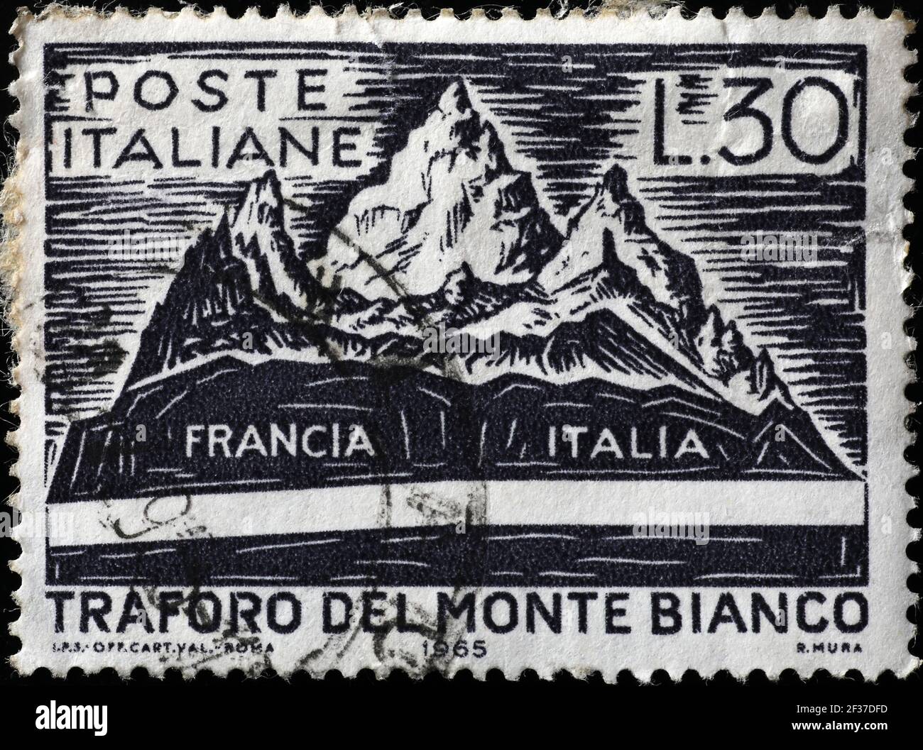 Célébration du tunnel du Mont blanc sur timbre italien Banque D'Images
