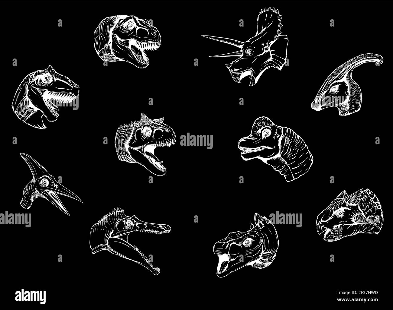 Collection de dessins animés dinosaures, silhouette sur fond noir Illustration de Vecteur