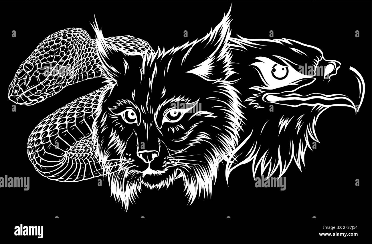 Lynx Wildcat eagle Snake logo silhouette de mascotte sur fond noir Illustration de Vecteur
