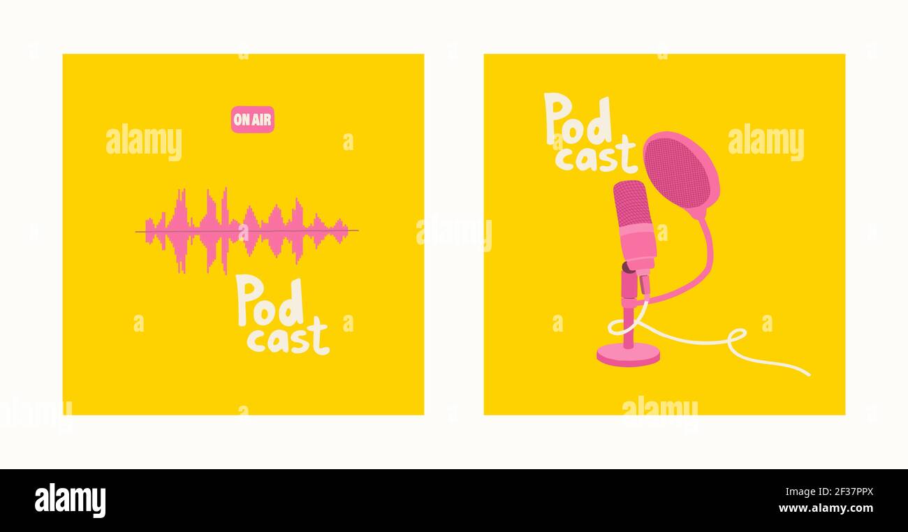 Couvertures de podcast. Microphone studio de type support avec filtre pop et cordon. Bande sonore rose sur fond jaune. Illustration du dessin à la main pour le blogging. Illustration de Vecteur