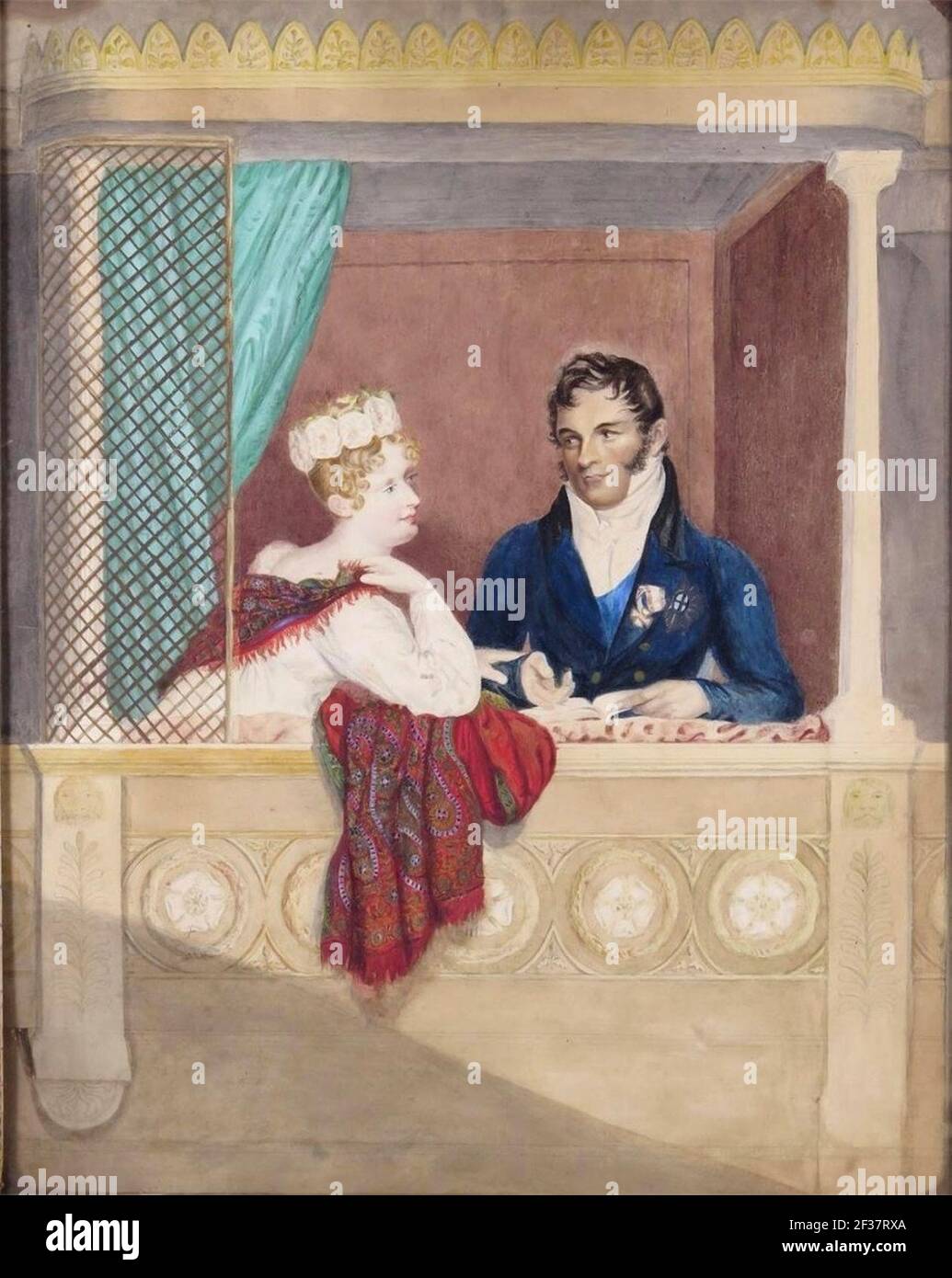 La princesse Charlotte Augusta du pays de Galles et le prince Léopold de Saxe Cobourg Gotha dans leur boîte à Covent Garden. Banque D'Images