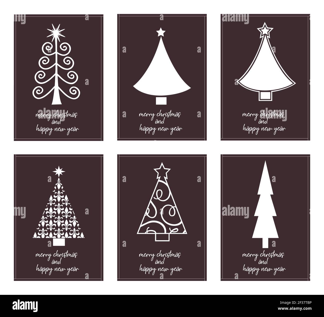 Six affiches minimalistes typographie joyeux noël et bonne année avec différents arbres de noël - vecteur Illustration de Vecteur