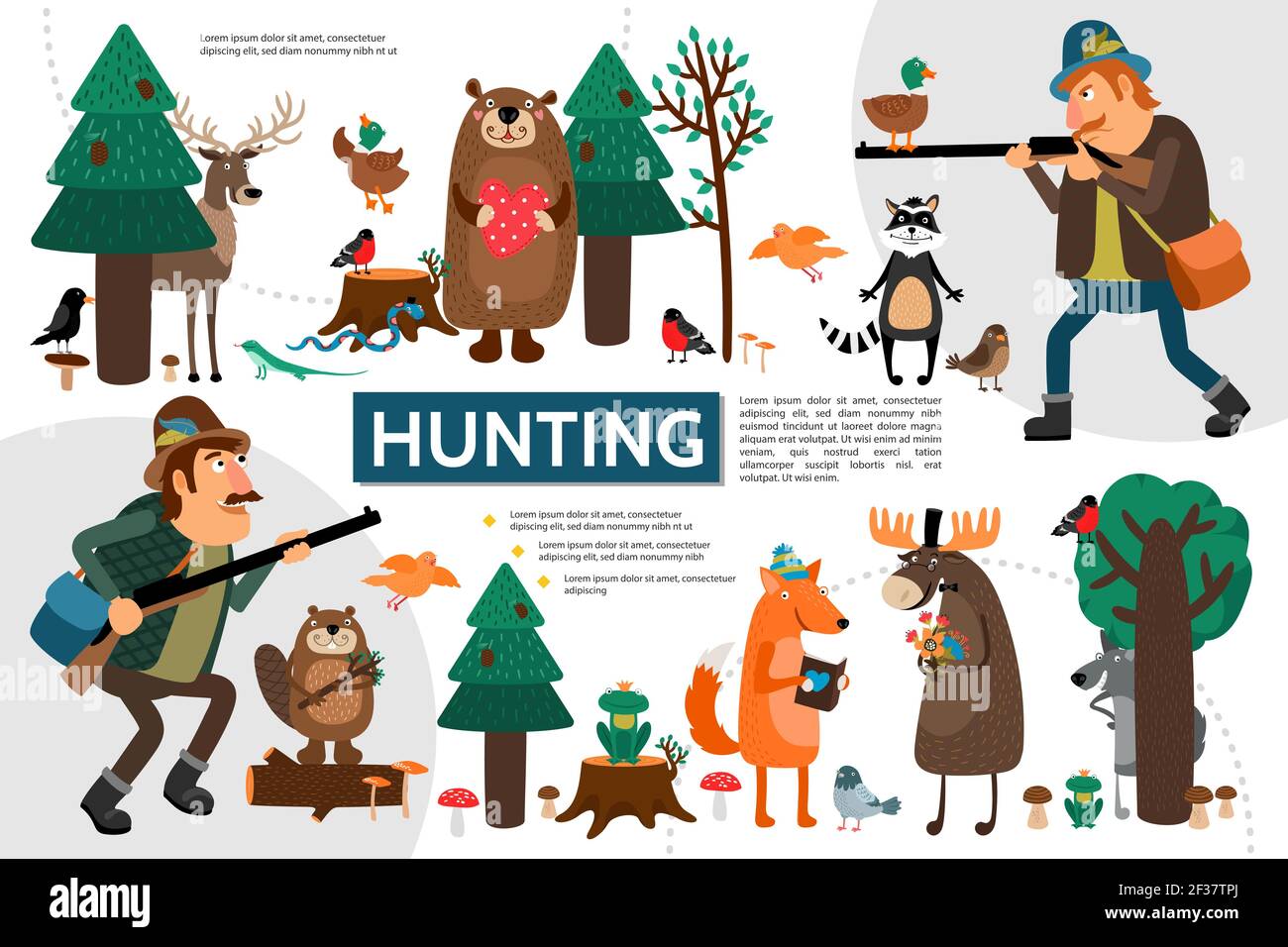 Modèle d'infographie pour la chasse à plat avec les chasseurs, les animaux sauvages et les oiseaux dans l'illustration de vecteur de forêt Illustration de Vecteur