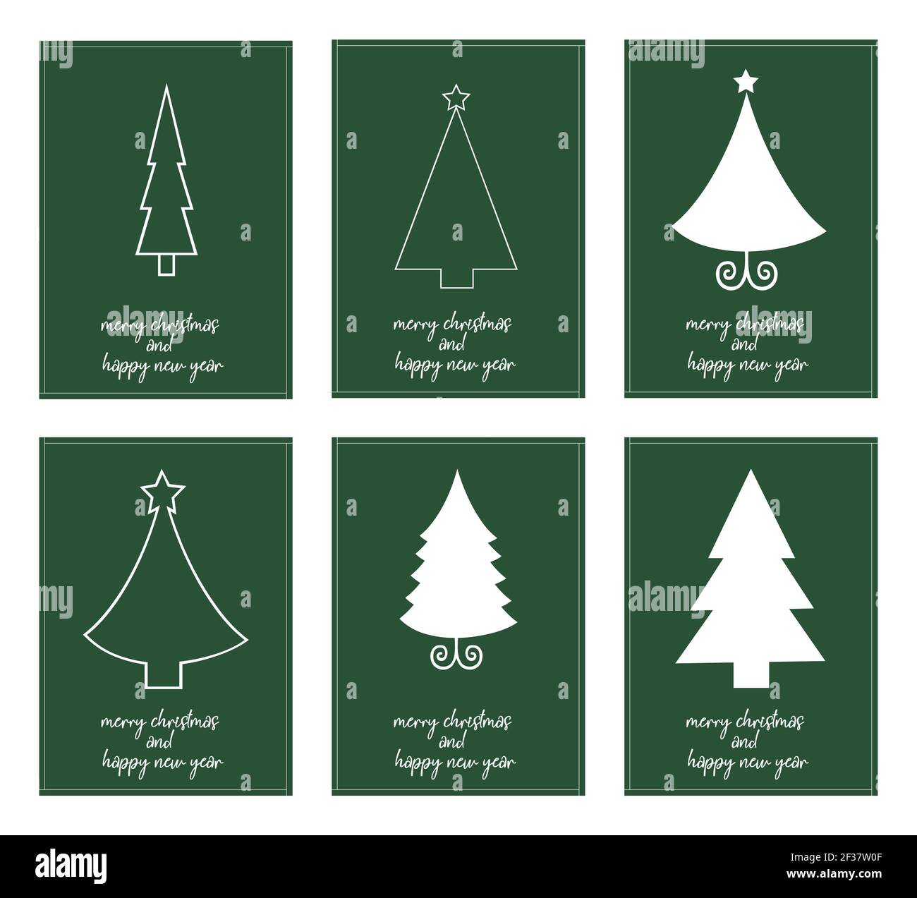 Six affiches minimalistes typographie joyeux noël et bonne année avec différents arbres de noël - vecteur Illustration de Vecteur