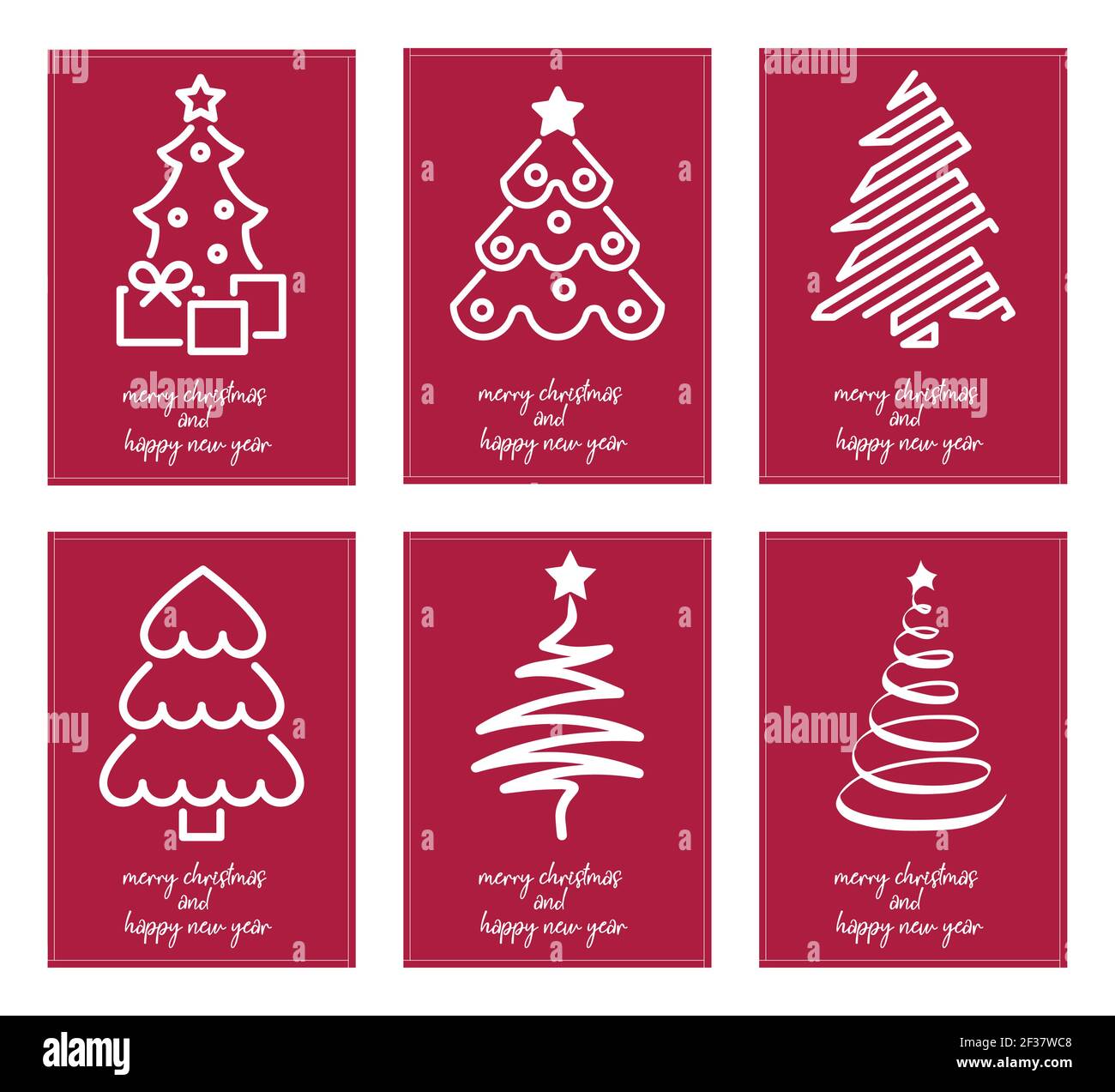 Six affiches minimalistes typographie joyeux noël et bonne année avec différents arbres de noël - vecteur Illustration de Vecteur