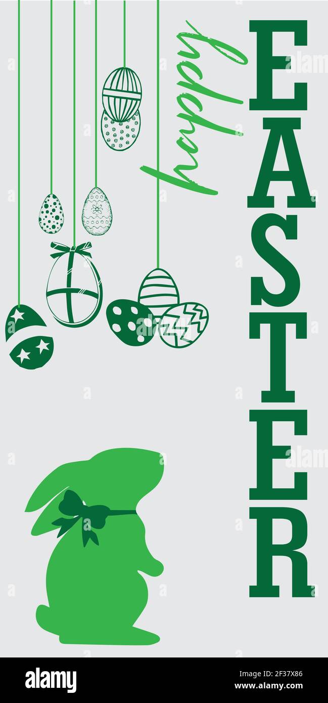 Affiche joyeuses Pâques avec œufs et joli lapin en vert sur fond gris - vecteur Illustration de Vecteur