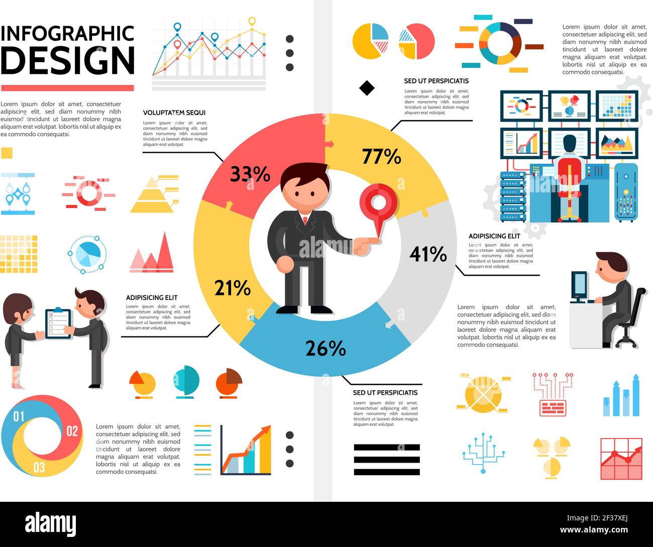 Concept d'éléments graphiques plats avec homme au centre graphique circulaire diagrammes graphiques commerciaux qui tiennent la liste de contrôle et le travail sur l'ordinateur v Illustration de Vecteur
