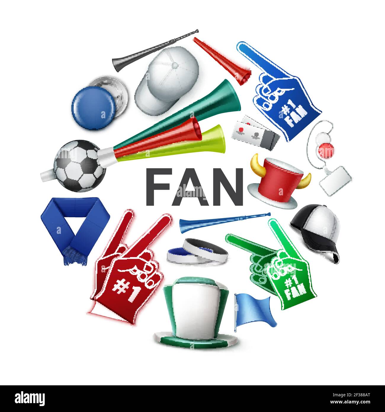 Un fan réaliste attribue un concept rond avec un supporter de ballon de football corned et cylindre chapeaux chapeau badges foulard mousse gants billets drapeaux trompette vuvuzela Illustration de Vecteur