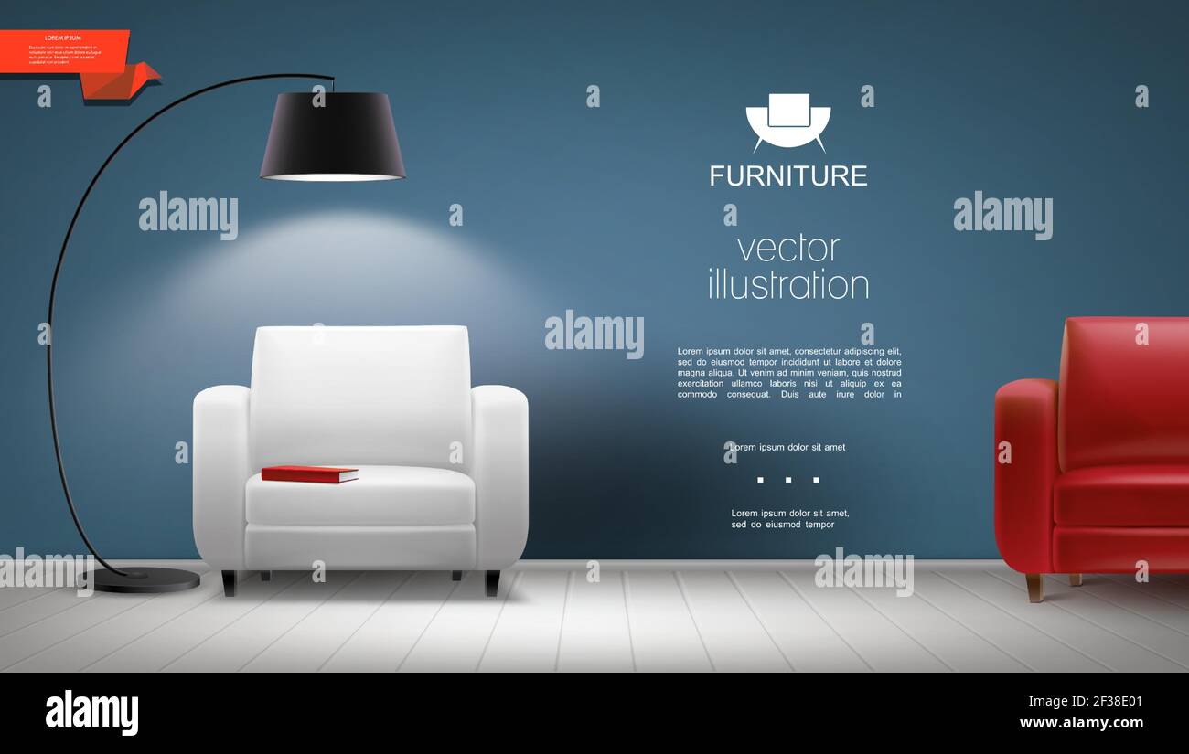 Arrière-plan intérieur réaliste de la pièce avec lampadaire brillant rouge et illustration vectorielle de fauteuils en cuir blanc Illustration de Vecteur