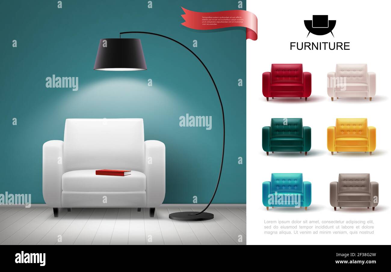 Concept de mobilier réaliste avec lampadaire brillant sur chaise souple et fauteuils colorés illustration vectorielle Illustration de Vecteur