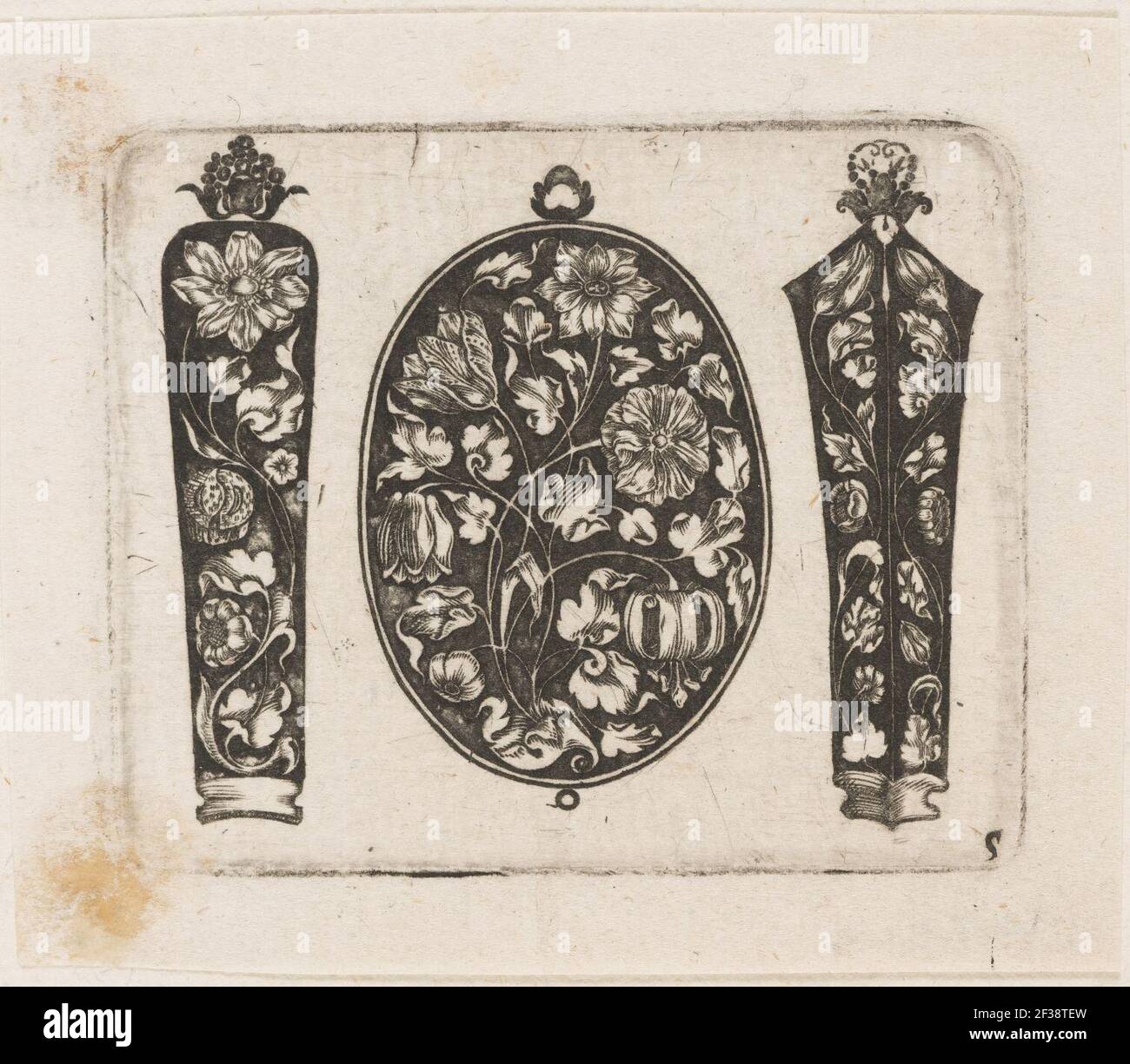 Imprimé, ''congé oblong flanqué de deux étuis à aiguilles (.),''' plaque 5 de ''Goldsmith Orornement Designs'', ca. 1648 Banque D'Images