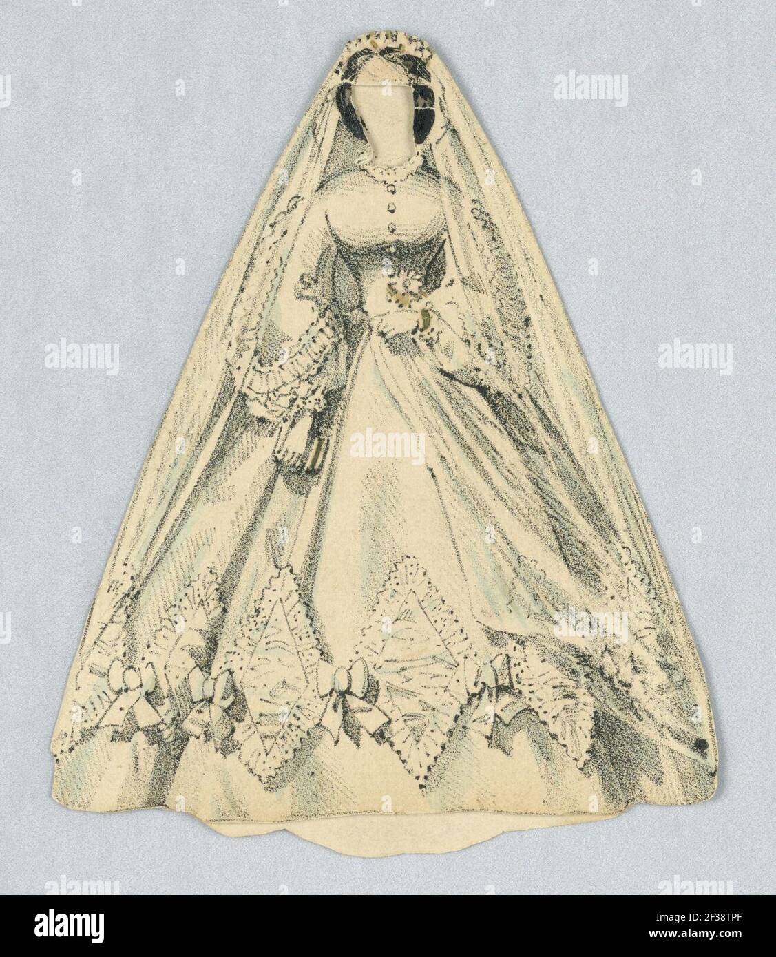 Imprimé, Costume de poupée en papier, robe voilée blanche, 1876–80 Banque D'Images