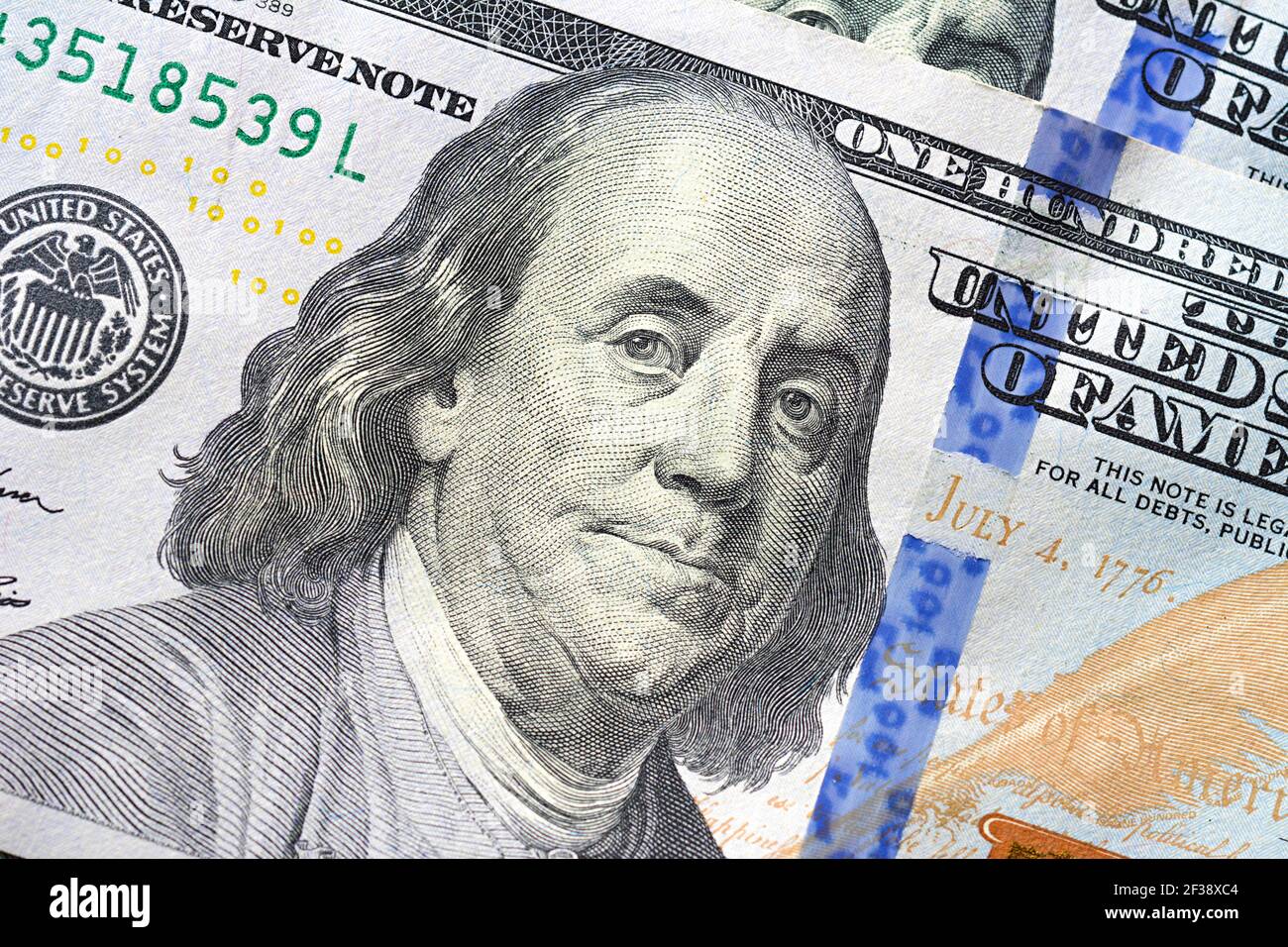 Close up of Benjamin Franklin face sur 100 US dollar bill Banque D'Images