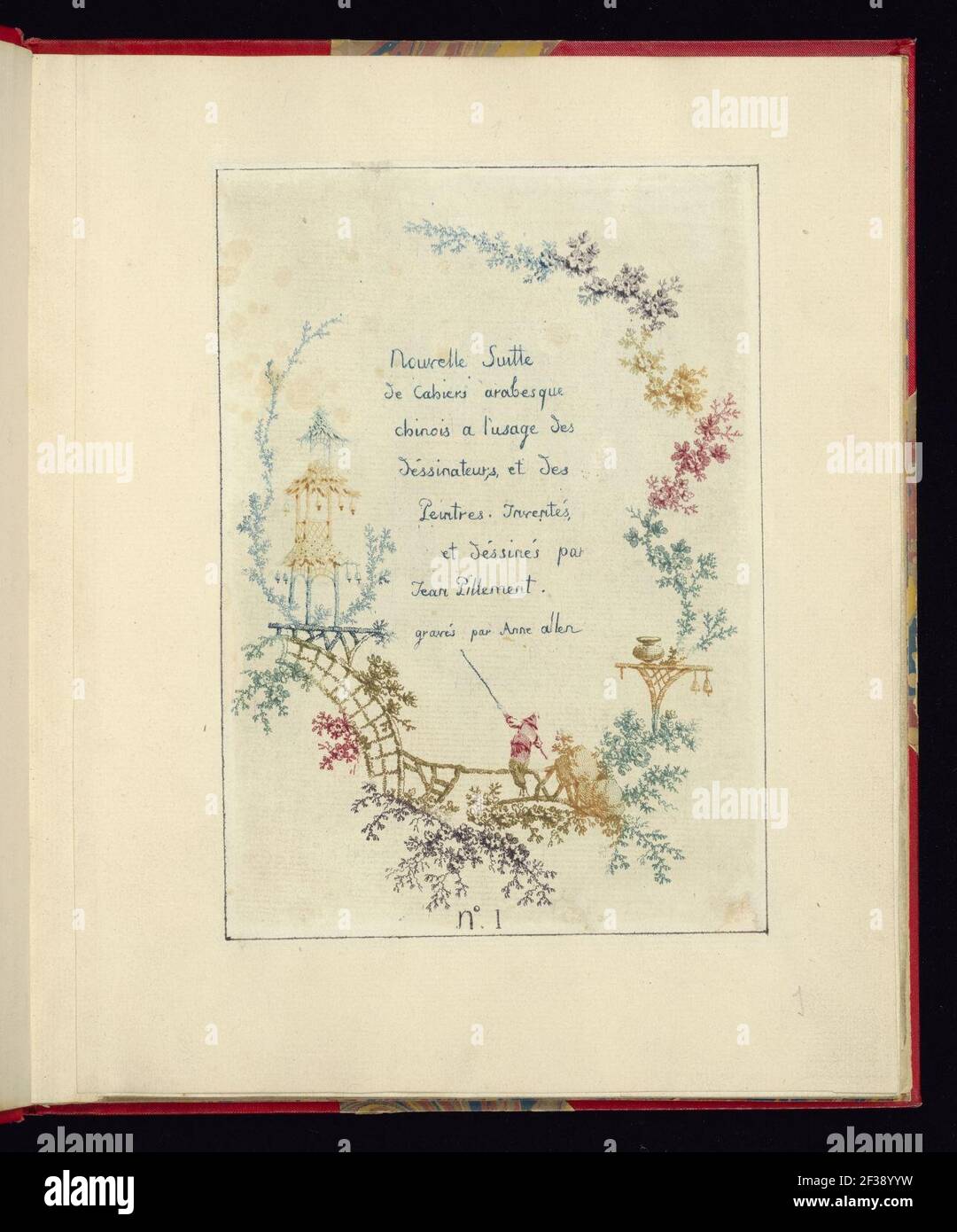 Print, Title page, plate 1 from ''Nouvelle suite de cahiers arabesques chinois a'usage of dessiners and des peintres'', No.1, investissements et dessines par Jean Pillement. Tombes par Anne Allen., après Banque D'Images