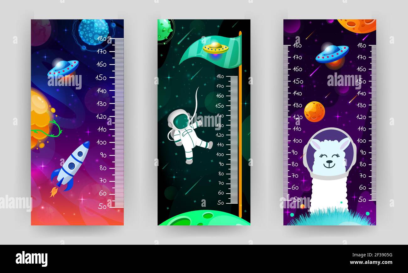 Tableau des hauteurs de l'espace pour les enfants. Appareil de mesure de mur cosmique avec astronaute volant, fusée et planètes fantaisie. Illustration vectorielle de style dessin animé. Croissance puérile Illustration de Vecteur