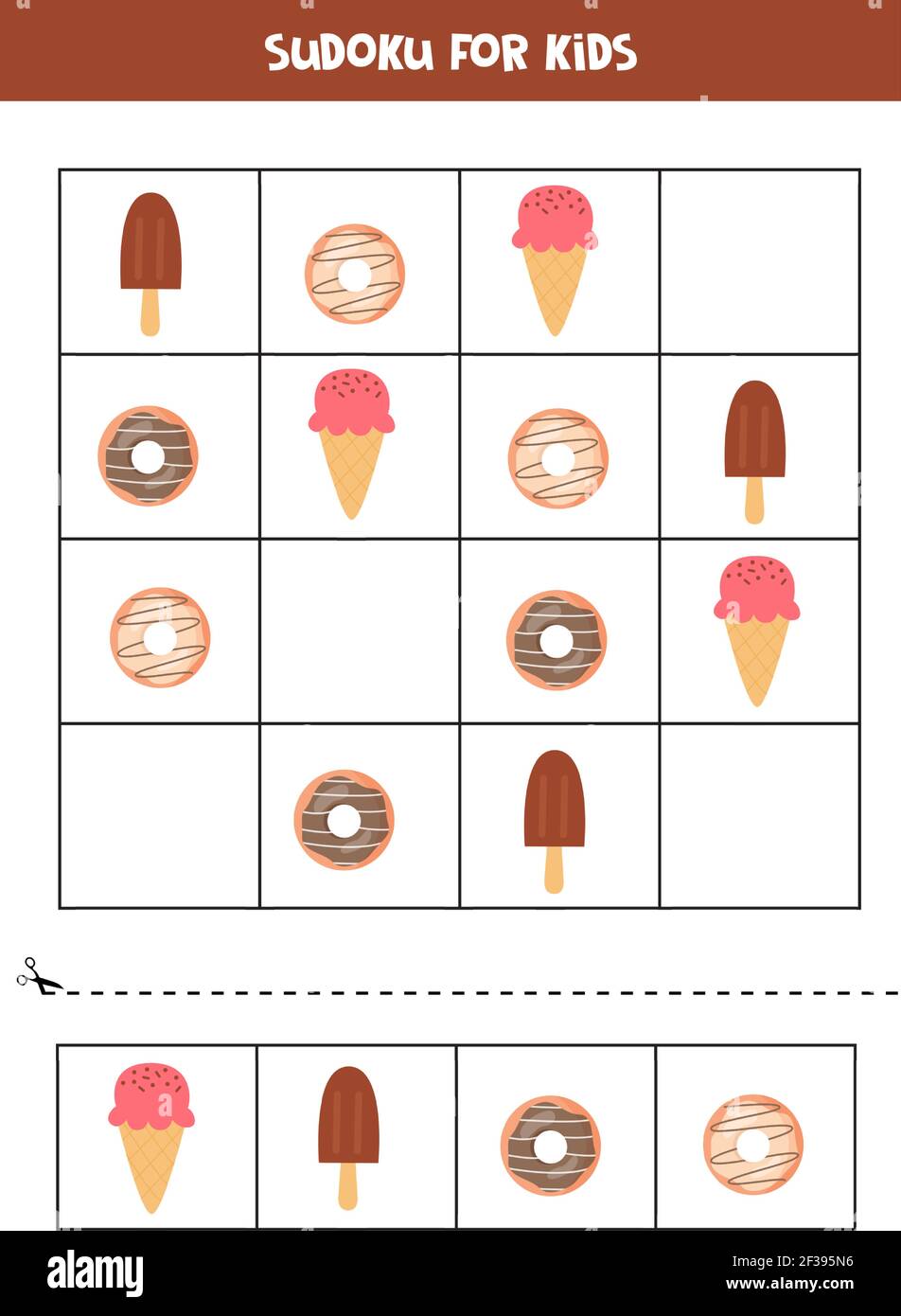 Sudoku pour les enfants d'âge préscolaire. Jeu logique avec crèmes glacées et beignes. Illustration de Vecteur