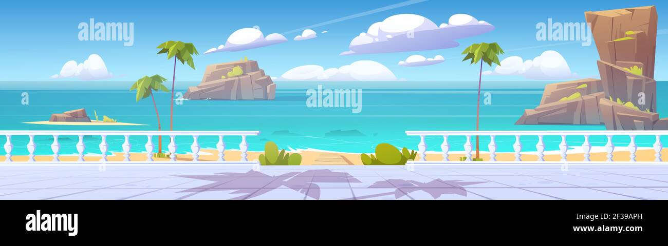 Paysage tropical d'été avec mer et bord de mer Illustration de Vecteur