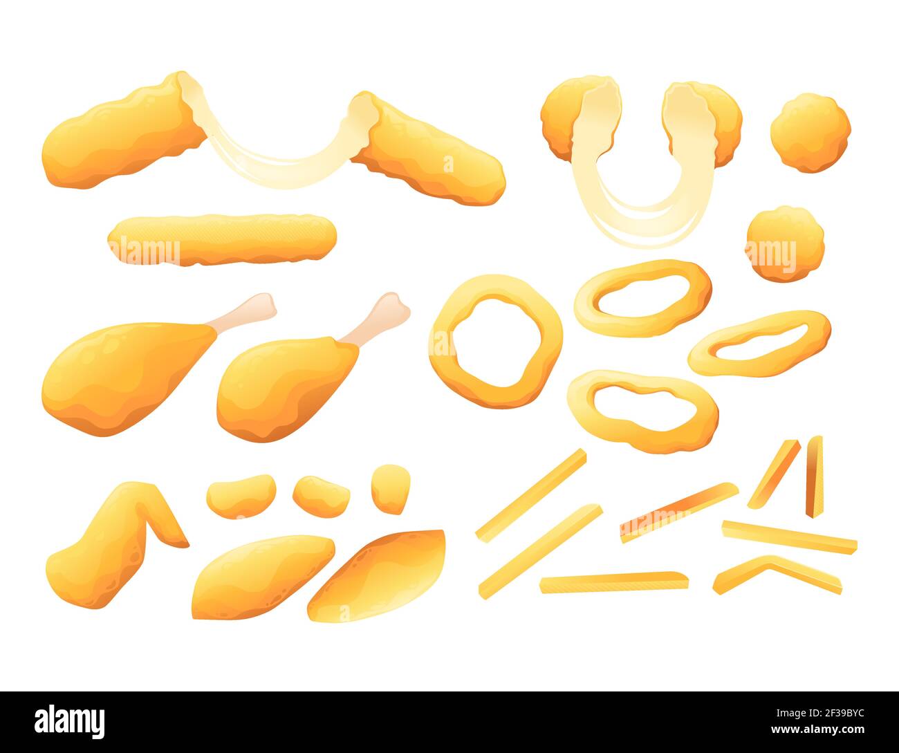Ensemble de bâtonnets de fromage frits, frits et frits rondelles d'oignon français illustration vectorielle de frites et de poulet rôti isolée sur fond blanc Illustration de Vecteur