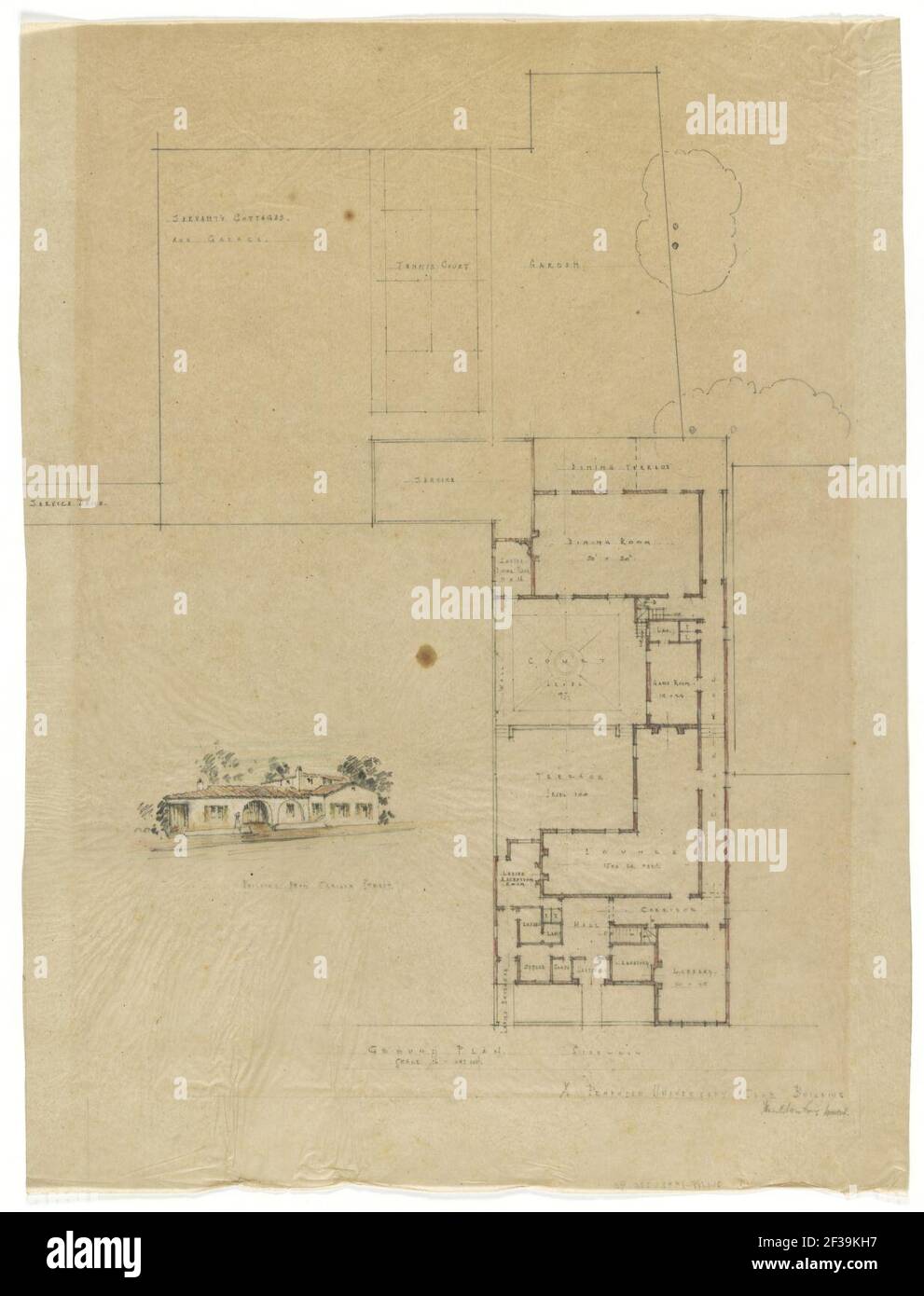 Projet de construction de club universitaire (Santa Barbara, Californie). Plan et rendu) - James Osborne Craig, architecte Banque D'Images