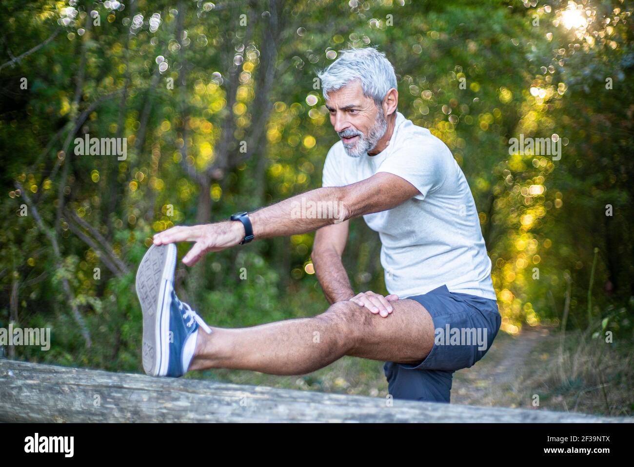 Homme mature qui étire sa jambe en forêt Banque D'Images
