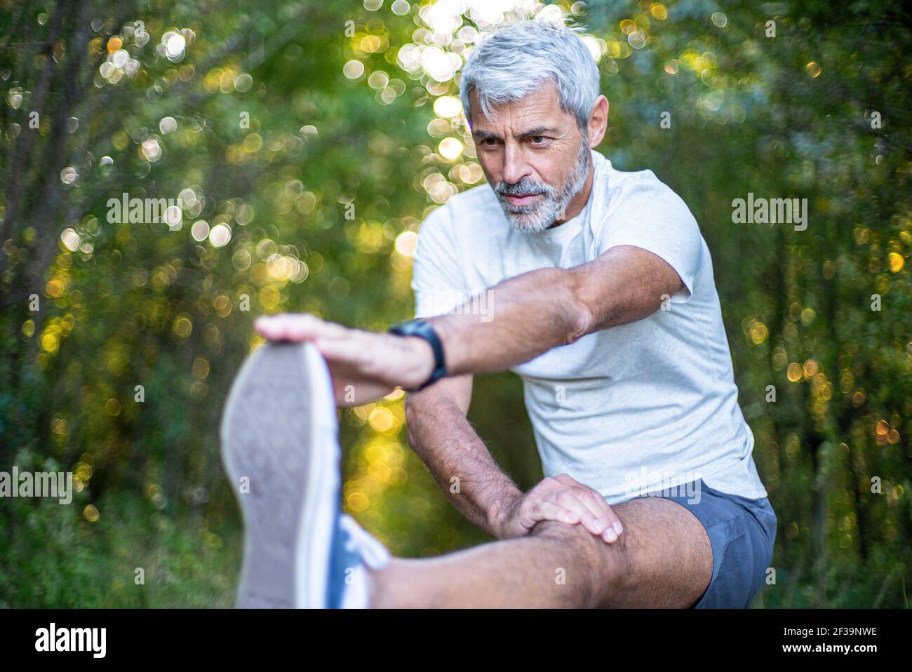 Homme mature qui étire sa jambe en forêt Banque D'Images
