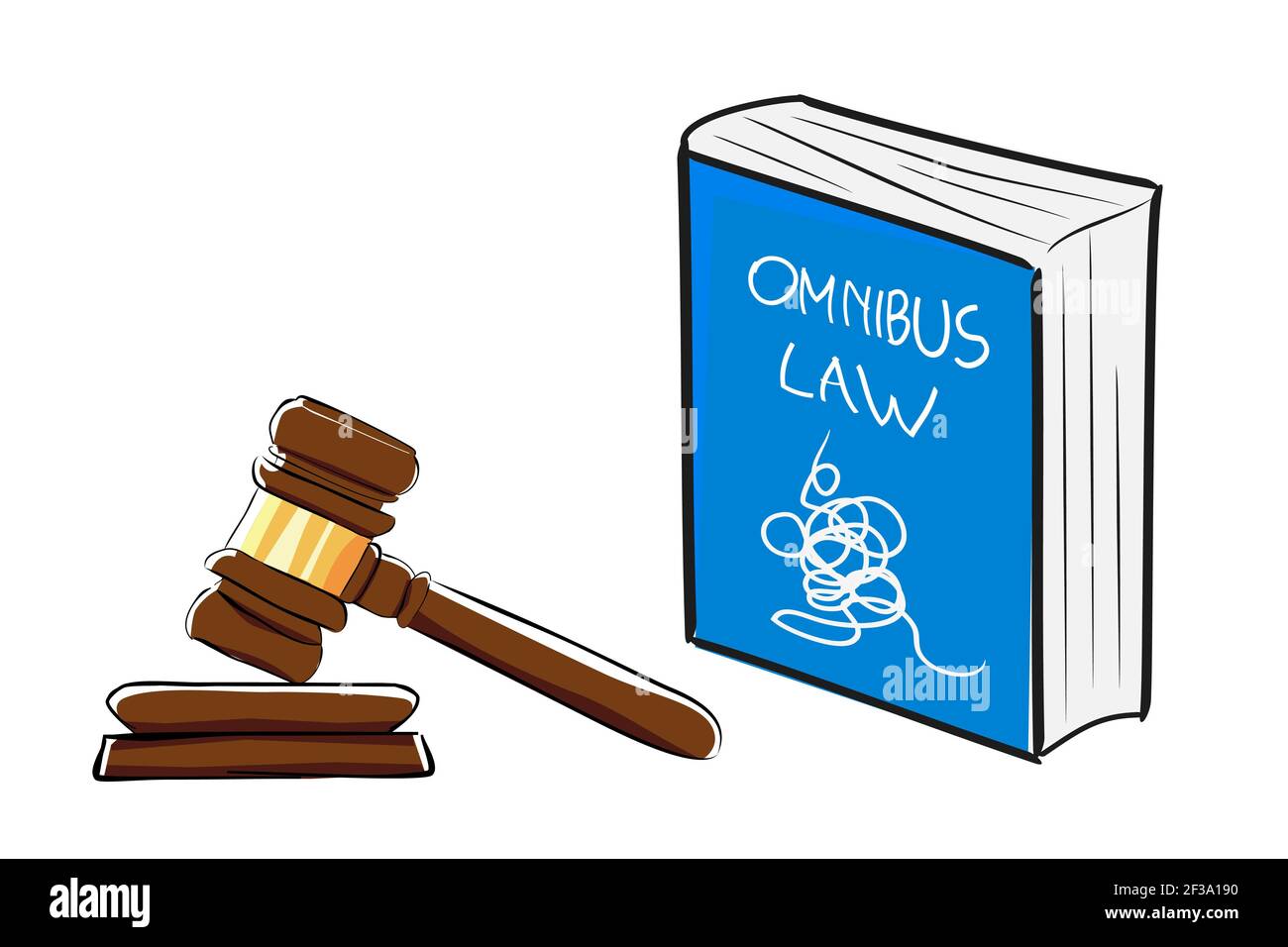 Illustration de la loi Omnibus Commitcated, du dessin à la main bleue Bigbook et de Gavel, à l'arrière-plan Illustration de Vecteur