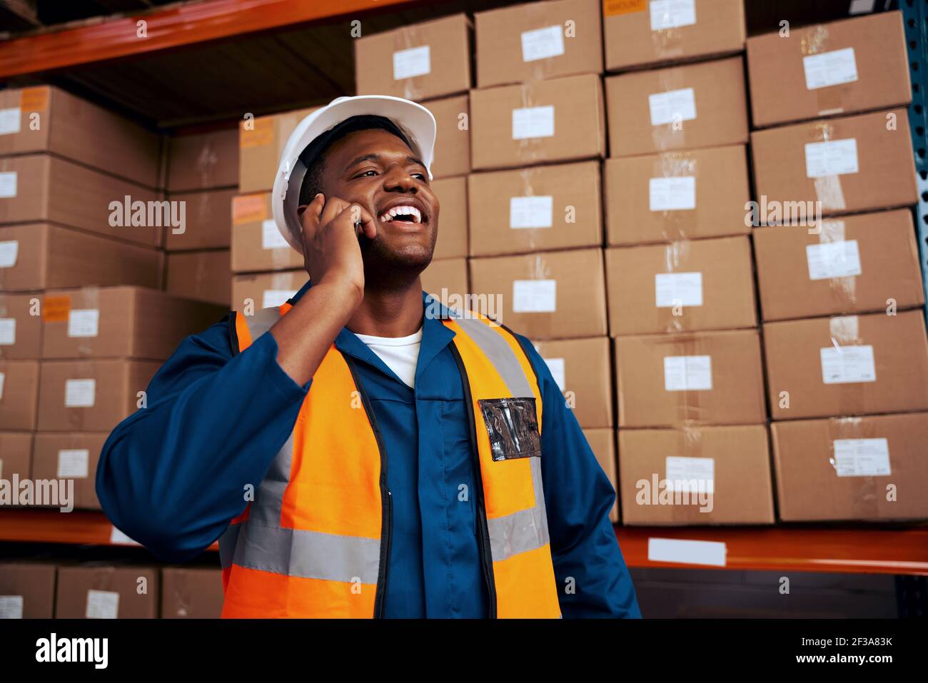 Des ingénieurs industriels satisfaits parlent sur un téléphone portable avec des boîtes empilées en arrière-plan Banque D'Images