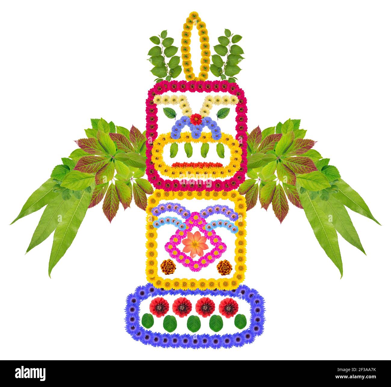 Symbole totem africain antique fait de fleurs et de feuilles. Collage photo fait main isolé Banque D'Images