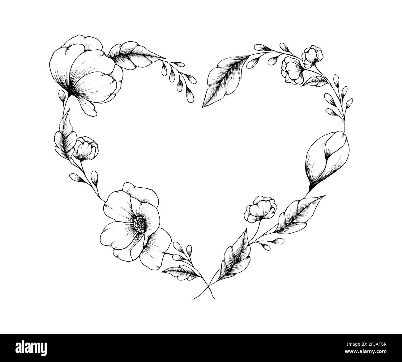 Art coeur fin isolé sur blanc, beau contour fleuri coeur décoration pour tissus ou mariages, coeur noir de Saint-Valentin Banque D'Images