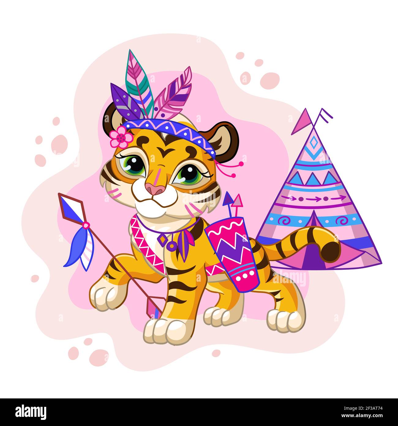 Mignon petit tigre tribal de dessin animé avec tipi. Personnage de dessin animé. Illustration vectorielle isolée. Pour carte postale, affiches, création de pépinière, carte de voeux, St Illustration de Vecteur