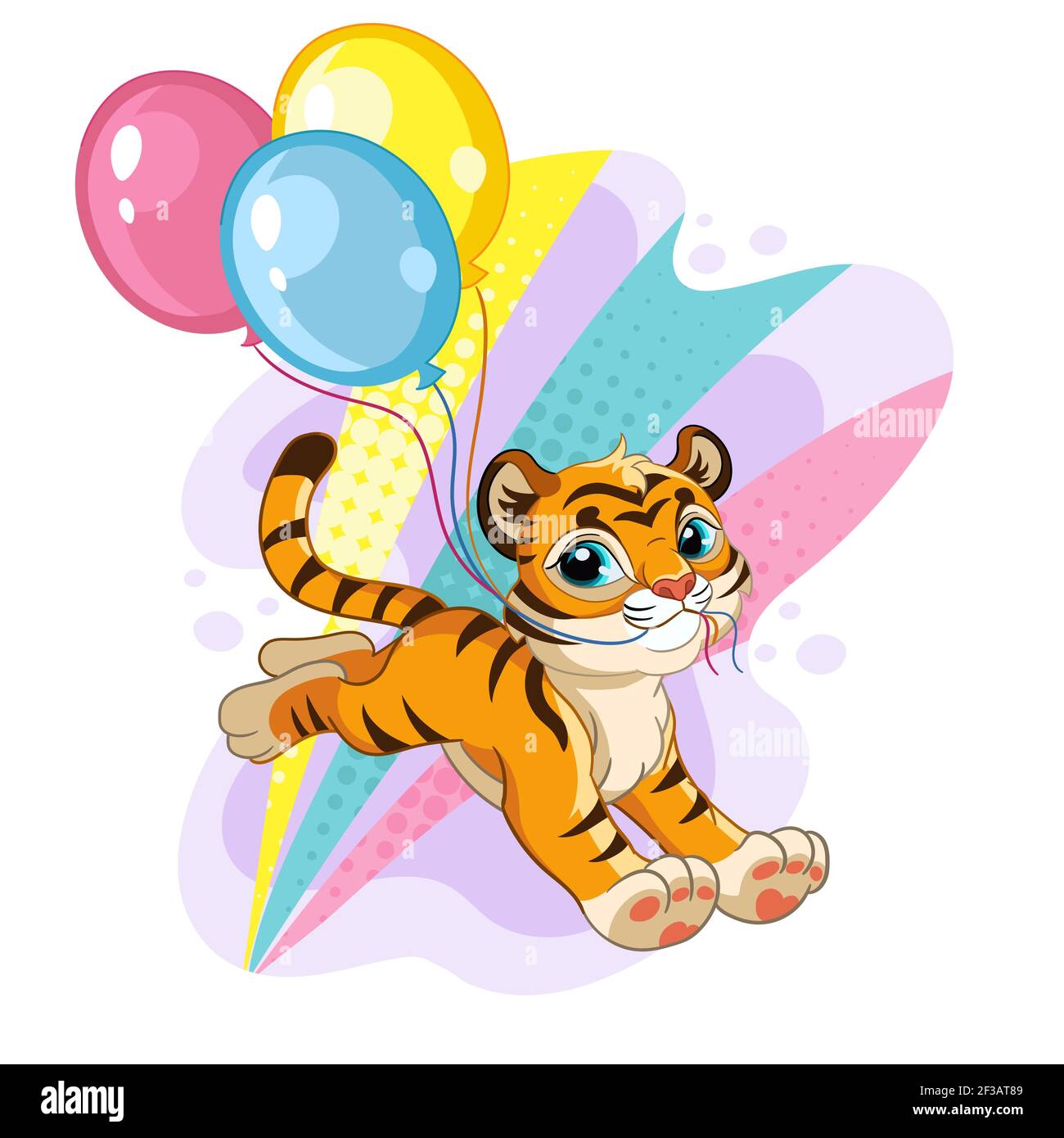 Joli tigre avec ballons. Personnage de dessin animé. Illustration colorée isolée vectorielle. Pour l'impression et le design, les affiches, la création de pépinière, les cartes, les autocollants, ro Illustration de Vecteur