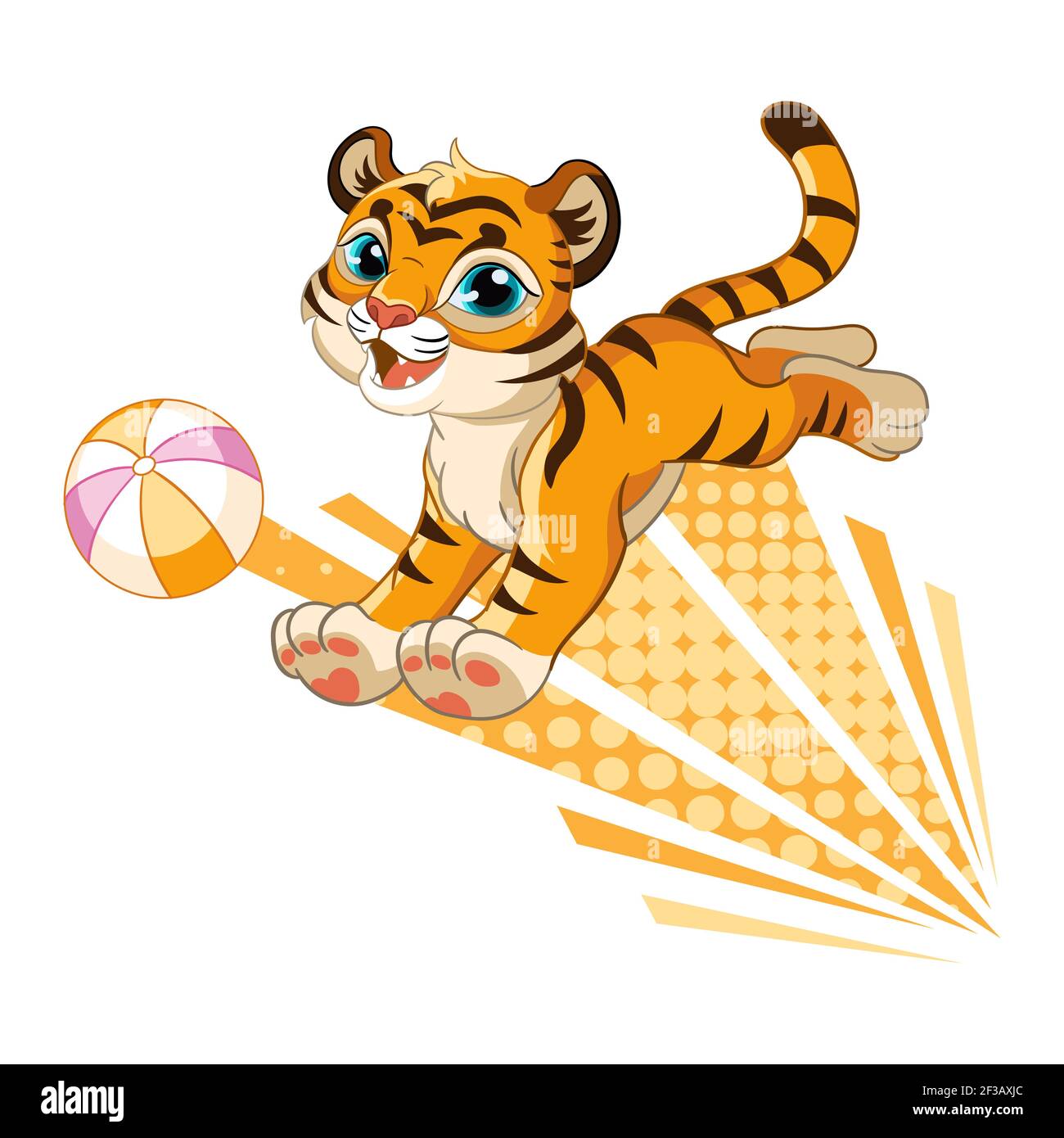 Joli tigre jouant avec le ballon. Personnage de dessin animé. Illustration  colorée isolée vectorielle. Pour l'impression et le design, les affiches,  la création de pépinière, les cartes, les autocollants Image Vectorielle  Stock -