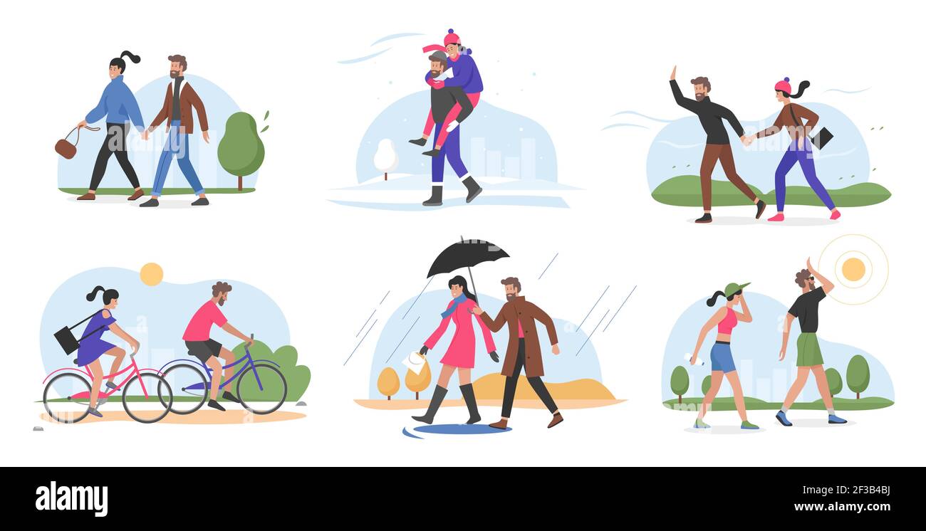 Les couples marchent à l'extérieur par différents temps, en marchant en été hiver printemps automne Illustration de Vecteur