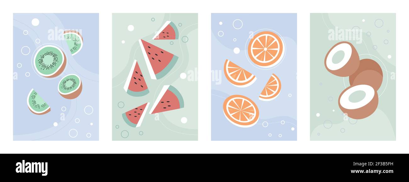 Ensemble de fruits d'été, modèle de conception d'histoire de médias sociaux avec kiwi pastèque orange noix de coco Illustration de Vecteur