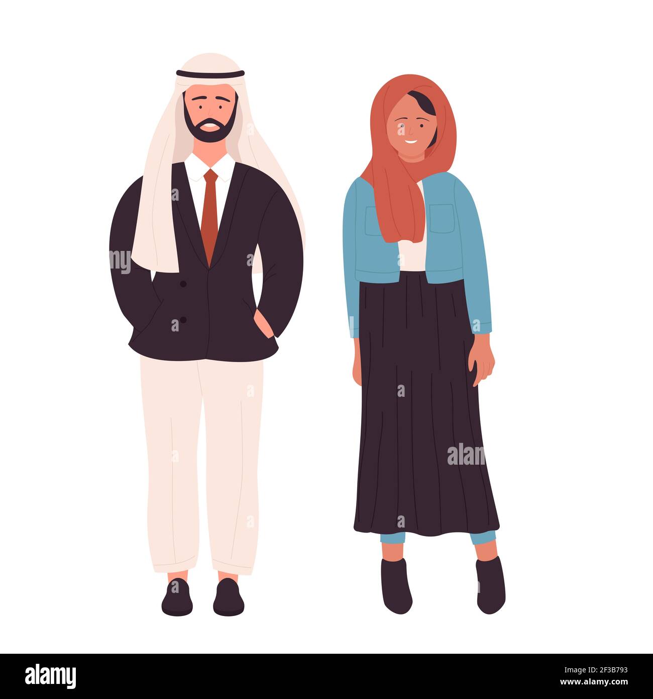Couple d'hommes d'affaires à la mode musulmans, jeune homme arabe et femme debout ensemble Illustration de Vecteur