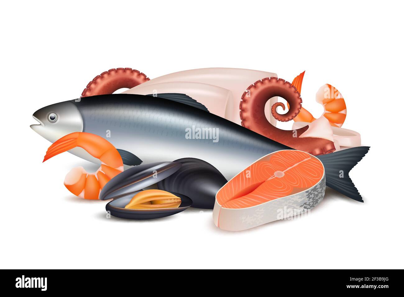 Fruits de mer. Composition de différentes protéines fraîches aliments poissons octopus mollusque homard vecteur images réalistes Illustration de Vecteur