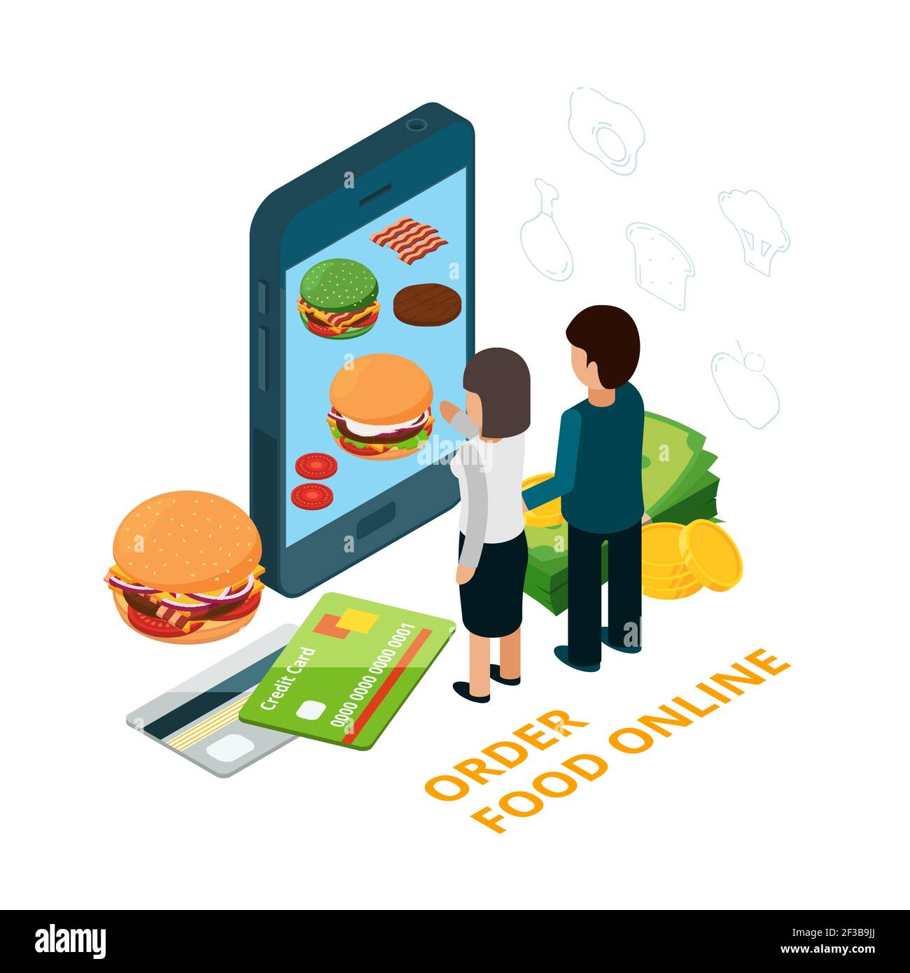 Commander des aliments en ligne illustration vectorielle isométrique. Homme et femme choisissent la nourriture avec l'application téléphone Illustration de Vecteur