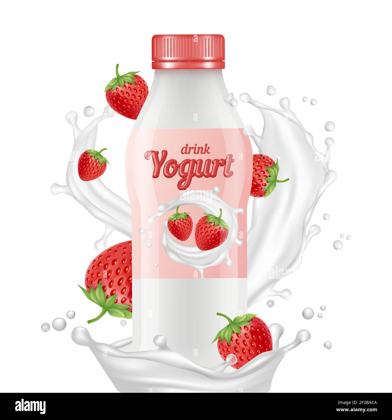 Buvez une bouteille de yaourt réaliste, des éclaboussures de lait et un vecteur de fraises isolés sur fond blanc Illustration de Vecteur