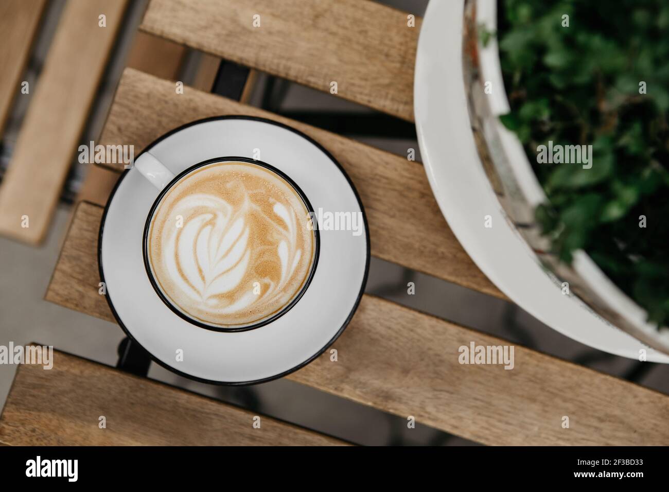 Délicieux latte chaude avec motif sur la mousse dans le café écologique ou studio de fleurs à l'extérieur Banque D'Images