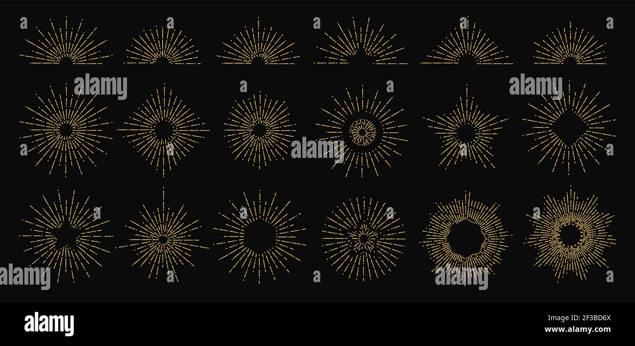 Golden Sunburst. Icônes de rayons radiants vectoriels. Éléments de flamme vintage. Motif coolé style taille basse Illustration de Vecteur