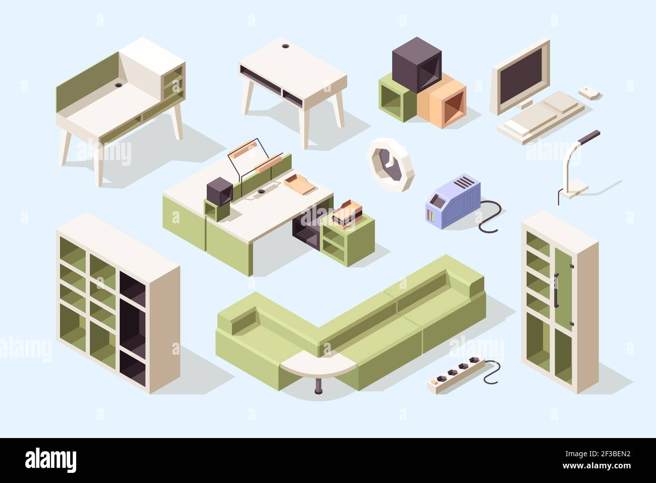 Mobilier de bureau. Chaises isométriques tables bureaux canapés armoire outils pour affaires vecteur élégance mobilier collection Illustration de Vecteur
