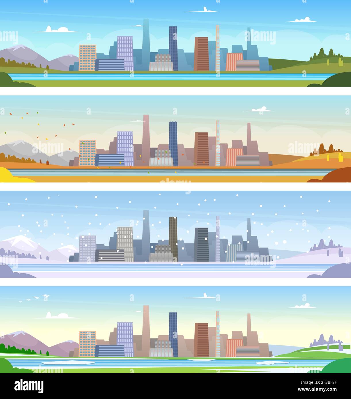Quatre saisons. Paysage urbain temps de l'été hiver printemps et automne vecteur caricatures Illustration de Vecteur