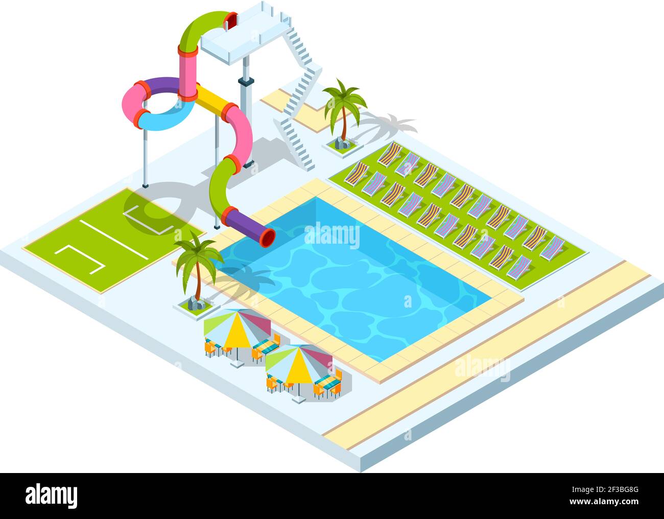 Hôtel avec piscine. Espace de loisirs Resort vacances parc aquatique toboggan vecteur illustrations isométriques Illustration de Vecteur