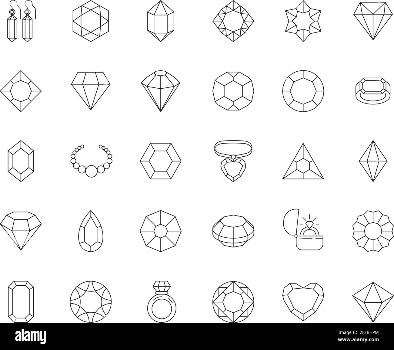 Collection de bijoux. Diamants pierres précieuses anneaux objets de luxe brillants cadeaux vector contours symboles Illustration de Vecteur