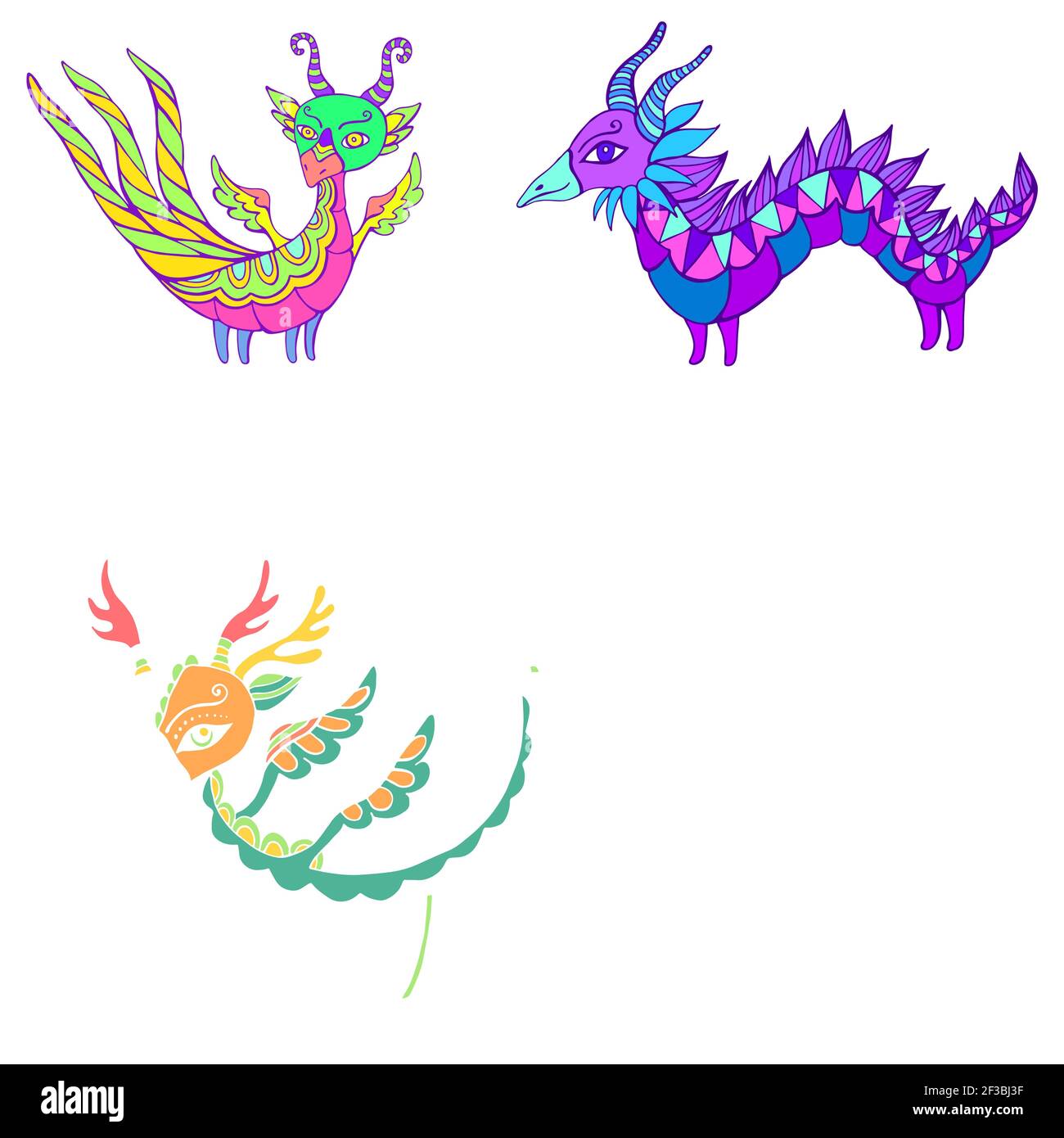 Ensemble de cinq dragons fantaisie colorés. Chaque dragon est unique, avec ses couleurs et ses motifs, ses ailes, ses cornes et ses queues. Isolé sur blanc. Déco bizarre Illustration de Vecteur