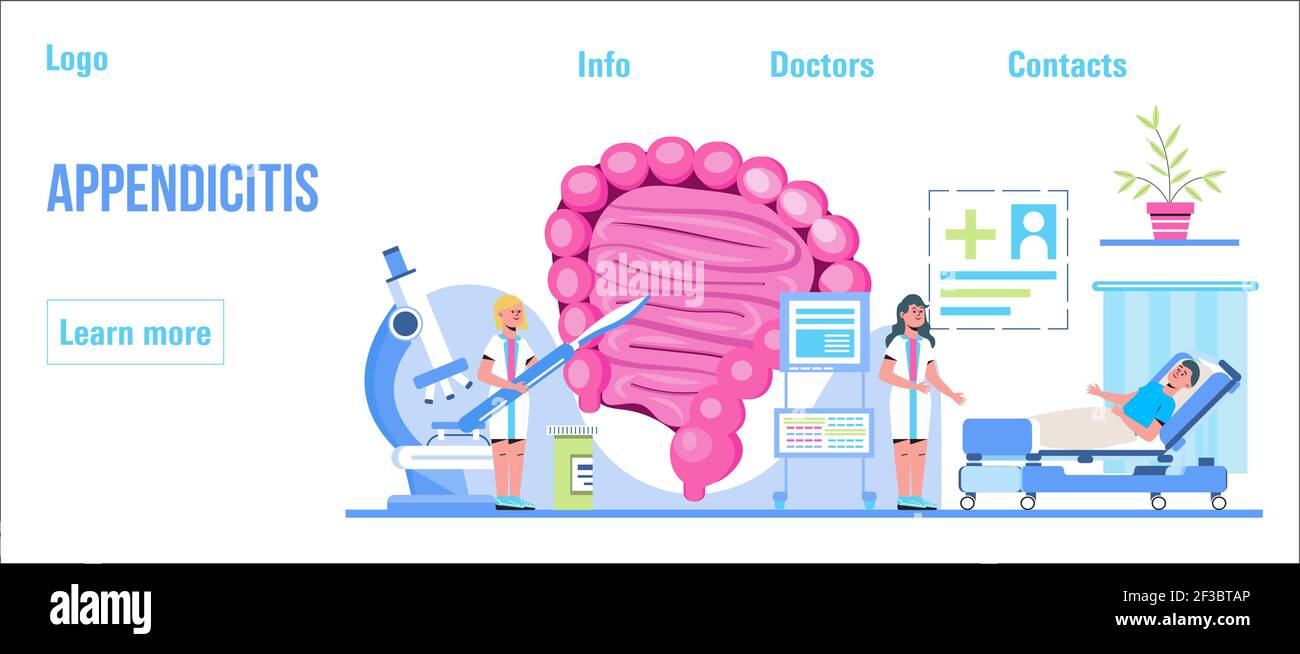 Appendicite concept en-tête vecteur pour les sites médicaux, blogs. Les médecins de l'intestin examinent, traitent la dysbiose. Un petit thérapeute de proctologie fait colonosc Illustration de Vecteur