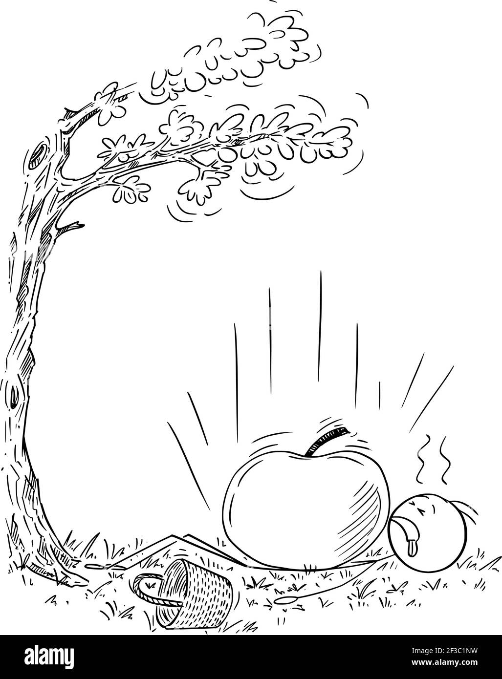 L'agriculteur, le préparateur de fruits ou le jardinier a été frappé par la pomme géante tombant de l'arbre. Illustration de la figure du bâton de dessin vectoriel Illustration de Vecteur