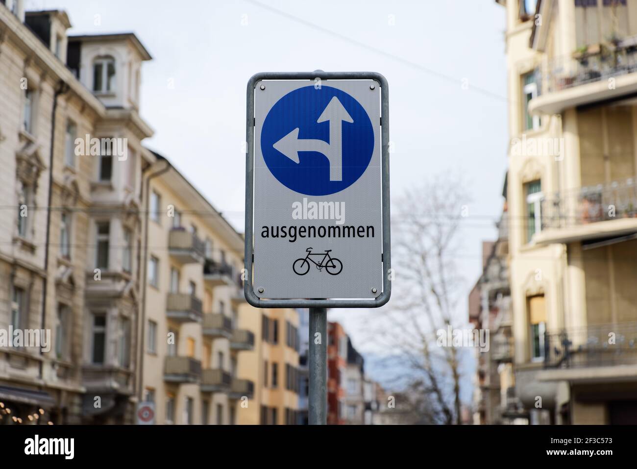 signalisation routière, traduction en allemand : direction de déplacement prescrite, droit devant et gauche, sauf bicyclettes Banque D'Images