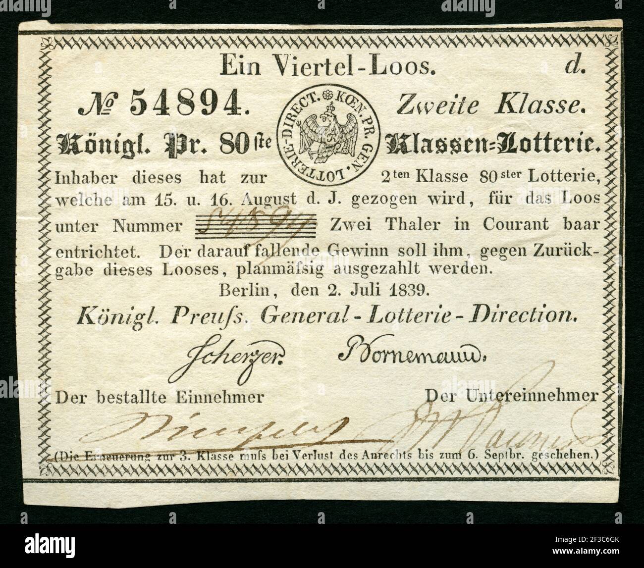 Europa, Deutschland, Berlin, Los der Königlich Preußischen Klassenlotterie, ein viertel Los, Zweite Klasse, das Los wurde am 15. Und 16. Août 1839 gezogen, herausgegegeben wurde das Los von der Königl. Pauss. Général-Loterie-Direktion , 2. Juli 1839 , Größe : 9,5 cm x 7,6 cm . / Europe, Allemagne, Berlin, loterie de la Royal Prussian Lottery Company, un billet de loterie de 2. Juillet 1839 , un billet quart de loterie, deuxième classe, taille : 9,5 cm x 7,6 cm . Banque D'Images