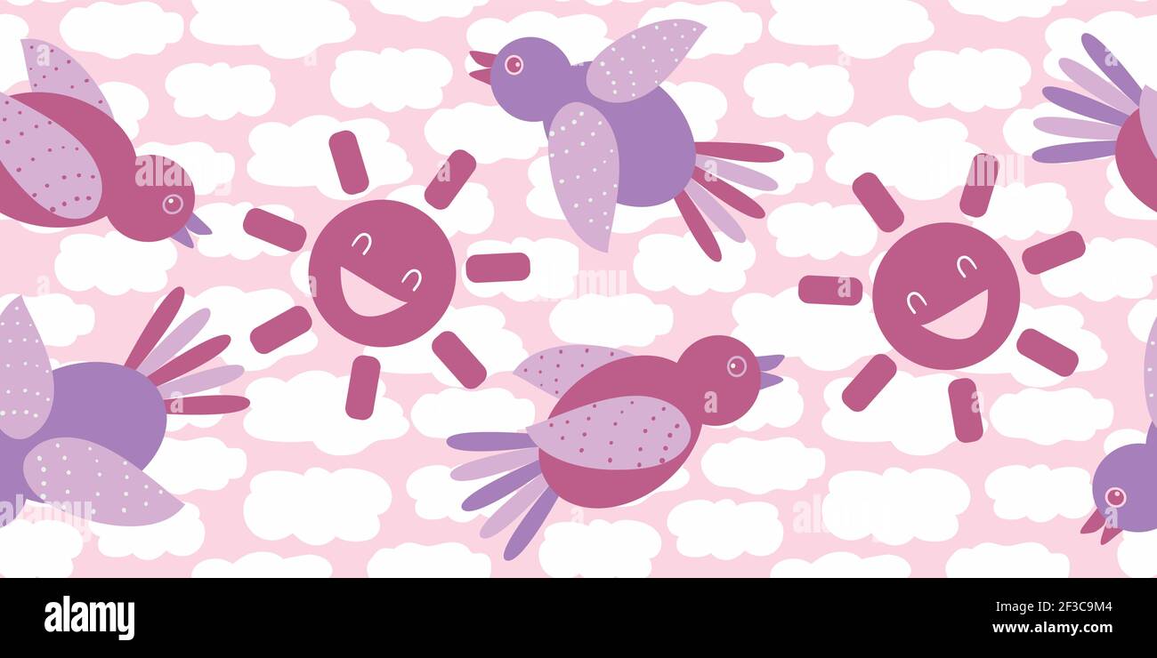 Joli oiseau de dessin animé violet et soleil riant sans couture bordure vectorielle. Bannière amusante avec des oiseaux volants sur fond de nuages texturés. Contour progressif de caractère Illustration de Vecteur